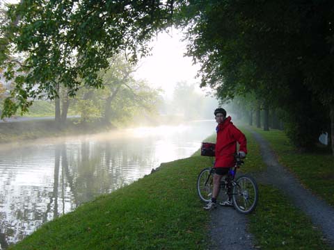 A mist-covered canal for our morning start